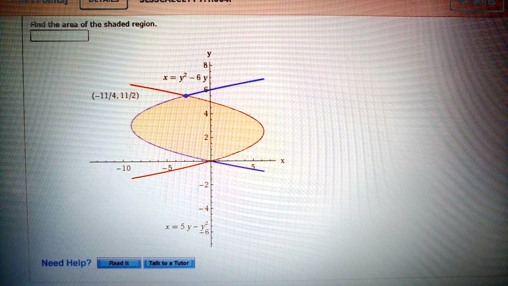 Find the area of the shaded region.
x = y^2 - 6y
(-11/4, 11/2)
x = 5y - y^2