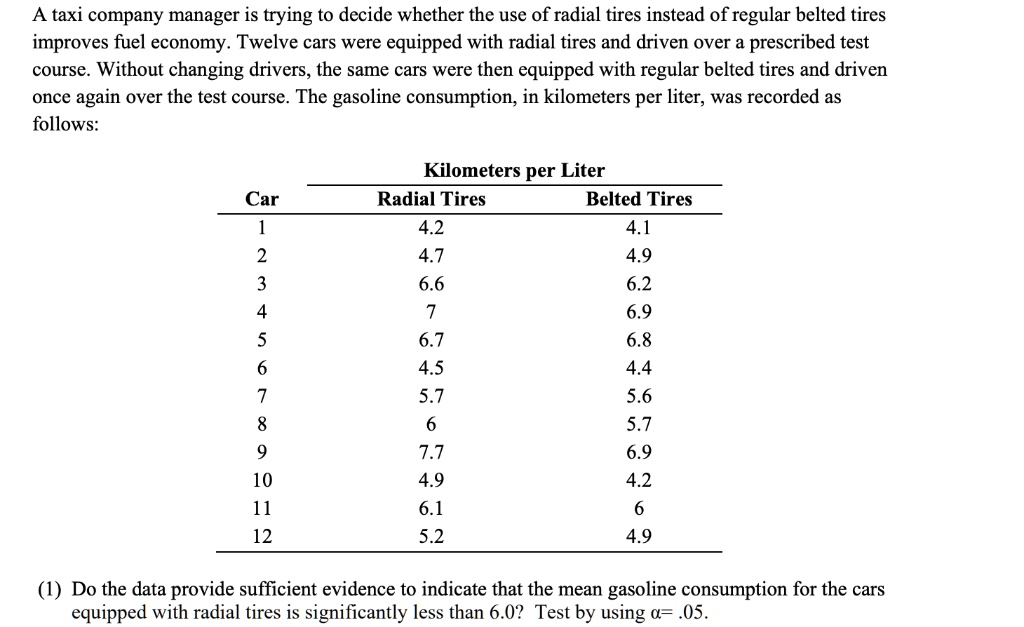 A taxi company manager is trying to decide whether the use of radial tires instead of regular belted tires
improves fuel economy. Twelve cars were equipped with radial tires and driven over a prescribed test
course. Without changing drivers, the same cars were then equipped with regular belted tires and driven
once again over the test course. The gasoline consumption, in kilometers per liter, was recorded as
follows:
Kilometers per Liter
Car
Radial Tires
Belted Tires
1
4.2
4.1
2
4.7
4.9
3
6.6
6.2
4
7
6.9
5
6.7
6.8
6
4.5
4.4
7
5.7
5.6
8
6
5.7
9
7.7
6.9
10
4.9
4.2
11
6.1
6
12
5.2
4.9
(1) Do the data provide sufficient evidence to indicate that the mean gasoline consumption for the cars
equipped with radial tires is significantly less than 6.0? Test by using alpha = .05.