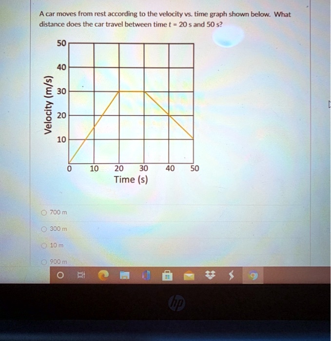 A car moves from rest according to the velocity vs. time graph shown below. What distance does the car travel between time t = 20 s and 50 s?
50
40
Velocity (m/s)
30
20
10
0
10
20
30
40
50
Time (s)
700 m
300 m
10 m
900 m