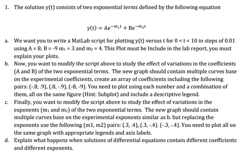 The solution y(t) consists of two exponential terms defined by the ...