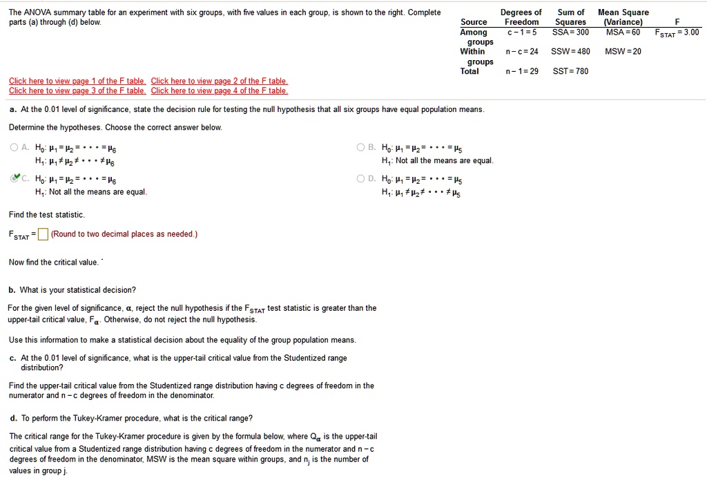 The ANOVA summary table for an experiment with six groups, with five values in each group, is shown to the right. Complete parts (a) through (d) below.

Source | Degrees of Freedom | Sum of Squares | Mean Square (Variance) | F
Among groups | c - 1 = 5 | SSA = 300 | MSA = 60 | FSTAT = 3.00
Within groups | n - c = 24 | SSW = 480 | MSW = 20
Total | n - 1 = 29 | SST = 780

a. At the 0.01 level of significance, state the decision rule for testing the null hypothesis that all six groups have equal population means.
Determine the hypotheses. Choose the correct answer below.

A. H0: ?1 = ?2 = ... = ?6
   H1: ?1 ? ?2 ? ... ? ?6
B. H0: ?1 = ?2 = ... = ?5
   H1: Not all the means are equal.
C. H0: ?1 = ?2 = ... = ?6
   H1: Not all the means are equal.
D. H0: ?1 = ?2 = ... = ?5
   H1: ?1 ? ?2 ? ... ? ?5

Find the test statistic.
FSTAT = (Round to two decimal places as needed.)

Now find the critical value.

b. What is your statistical decision?
For the given level of significance, ?, reject the null hypothesis if the FSTAT test statistic is greater than the upper-tail critical value, F?. Otherwise, do not reject the null hypothesis.

Use this information to make a statistical decision about the equality of the group population means.

c. At the 0.01 level of significance, what is the upper-tail critical value from the Studentized range distribution?

Find the upper-tail critical value from the Studentized range distribution having c degrees of freedom in the numerator and n - c degrees of freedom in the denominator.

d. To perform the Tukey-Kramer procedure, what is the critical range?
The critical range for the Tukey-Kramer procedure is given by the formula below, where Q? is the upper-tail critical value from a Studentized range distribution having c degrees of freedom in the numerator and n - c degrees of freedom in the denominator, MSW is the mean square within groups, and nj is the number of values in group j.