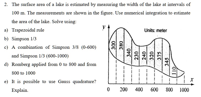 2. The surface area of a lake is estimated by measuring the width of the lake at intervals of
100 m. The measurements are shown in the figure. Use numerical integration to estimate
the area of the lake. Solve using:
a) Trapezoidal rule
b) Simpson 1/3
c) A combination of Simpson 3/8 (0-600)
and Simpson 1/3 (600-1000)
d) Romberg applied from 0 to 800 and from
800 to 1000
e) It is possible to use Gauss quadrature?
Explain.
Units: meter
300
380
340
230
240
320
375
345
110
X
0
200 400 600 800 1000