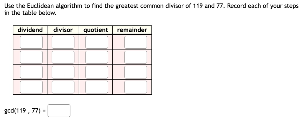 use the euclidean algorithm to find the greatest common divisor of 119 and 77 record each of your steps in the table below dividend divisor quotient remainder gcd119 77 89127