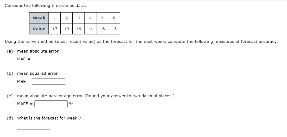 Solved Consider The Following Time Series Data Week Value Using The Naive Method Most Recent 6333