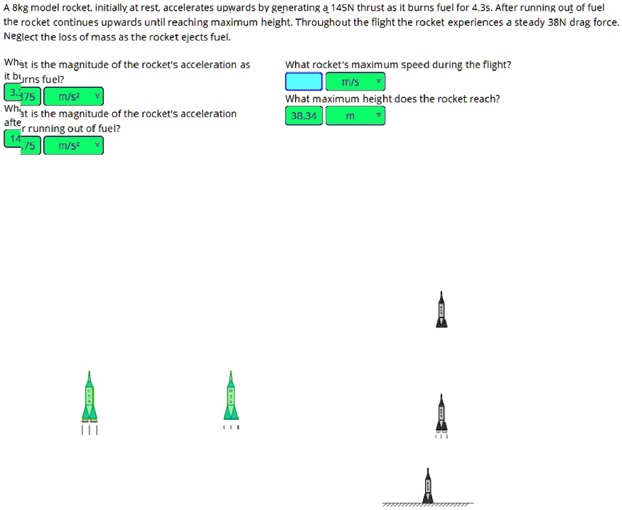 SOLVED A 8kg model rocket, initially at rest, accelerates upwards by generating 145N of thrust