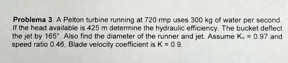 Problema 3. A Pelton turbine running at 720 rmp uses 300 kg of water per second. If the head available is 425 m determine the hydraulic efficiency. The bucket deflect the jet by 165°. Also find the diameter of the runner and jet. Assume Kv = 0.97 and speed ratio 0.46, Blade velocity coefficient is K = 0.9.