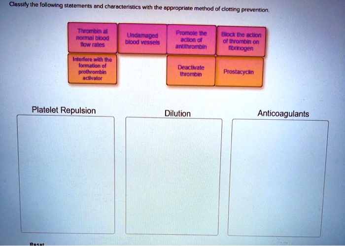 Classify the following statements and characteristics with the appropriate method of clotting prevention.

Thrombin at normal blood flow rates
Undamaged blood vessels
Promote the action of antithrombin
Block the action of thrombin on fibrinogen
Interfere with the formation of prothrombin activator
Deactivate thrombin
Prostacyclin

Platelet Repulsion
Dilution
Anticoagulants