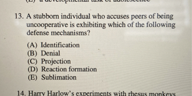 13. A stubborn individual who accuses peers of being uncooperative is exhibiting which of the following defense mechanisms?
(A) Identification
(B) Denial
(C) Projection
(D) Reaction formation
(E) Sublimation