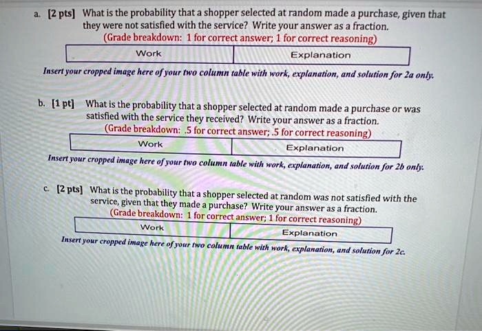 a. [2 pts] What is the probability that a shopper selected at random made a purchase, given that
they were not satisfied with the service? Write your answer as a fraction.
(Grade breakdown: 1 for correct answer; 1 for correct reasoning)
Work
Explanation
Insert your cropped image here of your two column table with work, explanation, and solution for 2a only.
b. [1 pt] What is the probability that a shopper selected at random made a purchase or was
satisfied with the service they received? Write your answer as a fraction.
(Grade breakdown: .5 for correct answer; .5 for correct reasoning)
Work
Explanation
Insert your cropped image here of your two column table with work, explanation, and solution for 2b only.
c. [2 pts] What is the probability that a shopper selected at random was not satisfied with the
service, given that they made a purchase? Write your answer as a fraction.
(Grade breakdown: 1 for correct answer; 1 for correct reasoning)
Work
Explanation
Insert your cropped image here of your two column table with work, explanation, and solution for 2c.