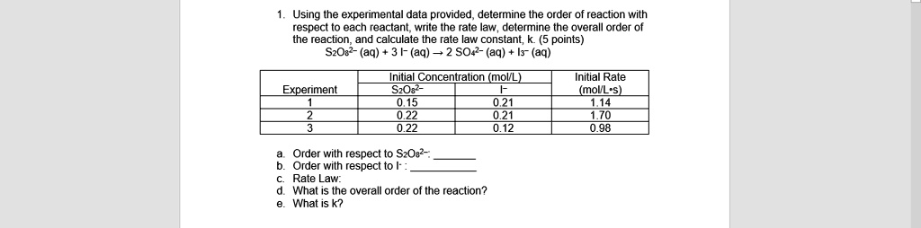 Solved Using The Experimental Data Provided Determine The Orde Of Reaction With Respect T0 3835