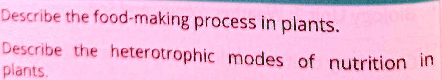 Describe the food-making process in plants.
Describe the heterotrophic modes of nutrition in plants.