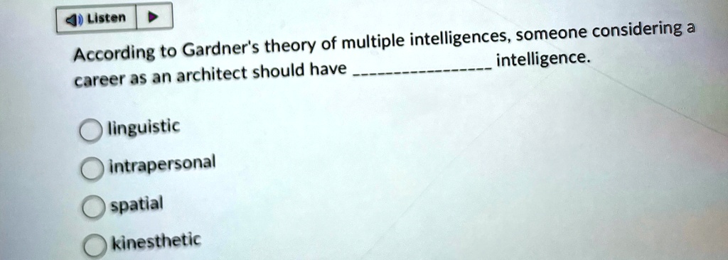 According to Gardner's theory of multiple intelligences, someone considering a career as an architect should have  intelligence.

? linguistic
? intrapersonal
? spatial
? kinesthetic
