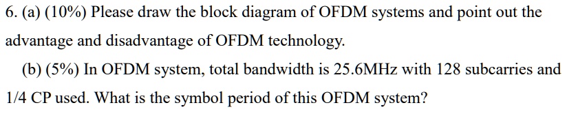 SOLVED: 6. (a) (10%) Please Draw The Block Diagram Of OFDM Systems And ...