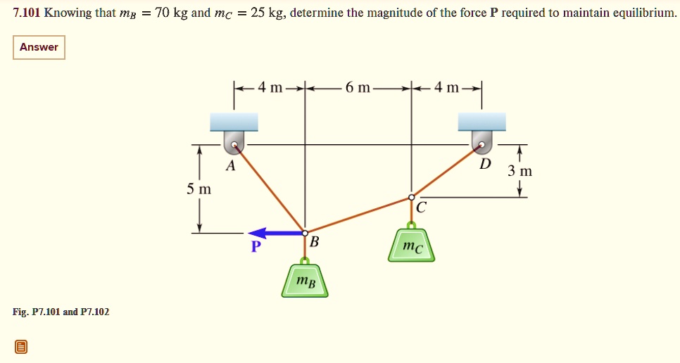7101 knowing that mb 70 kg and mc 25 kg determine the magnitude of the force p required to maintain equilibrium answer fig p7101 and p7102 a 5 m 4 m 6 m 4 m c b p mc mb d 3 m 62899