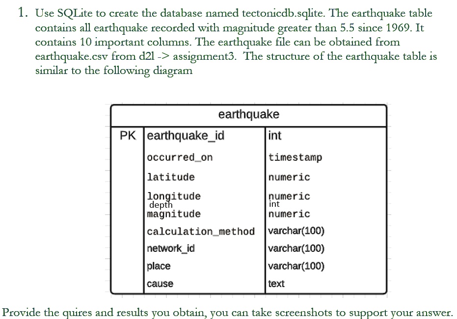 SOLVED: Texts: 1. Use SQLite to create the database named tectonicdb ...