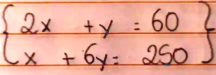  2x + y = 60 
 x + 6y = 250 