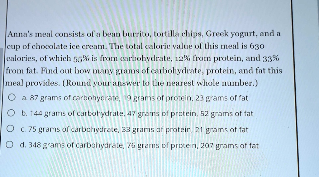 Anna's meal consists of a bean burrito, tortilla chips, Greek yogurt, and a cup of chocolate ice