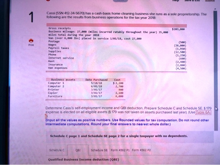 Cassie (SSN 412345670) has a cashbased home cleaning business she