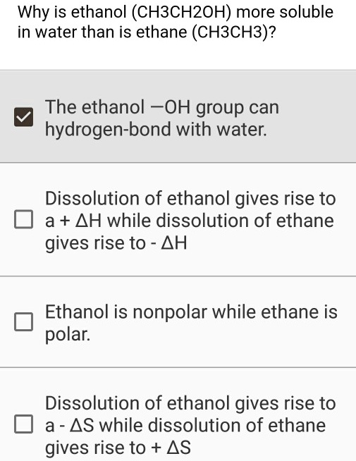 Why is ethanol (CH3CHZOH) more soluble in water than … SolvedLib
