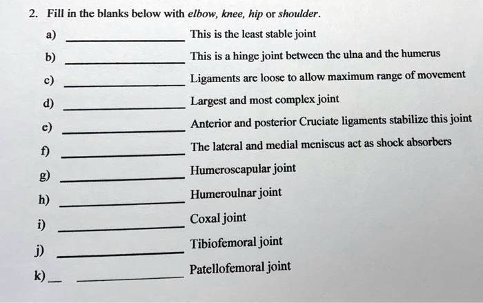 Solved: Fill In The Blanks Below With Elbow, Knee, Hip Or Shoulder 