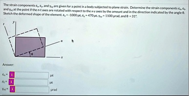 the strain components epsilonx epsilony and gammaxy are given for a point in a body subjected to plane strain determine the strain components epsilonn epsilont and gammant at the point 56356