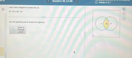 Use a Venn diagram to shade the set.
(A - B) U (B - A)
Use the graphing tool to shade the region(s).