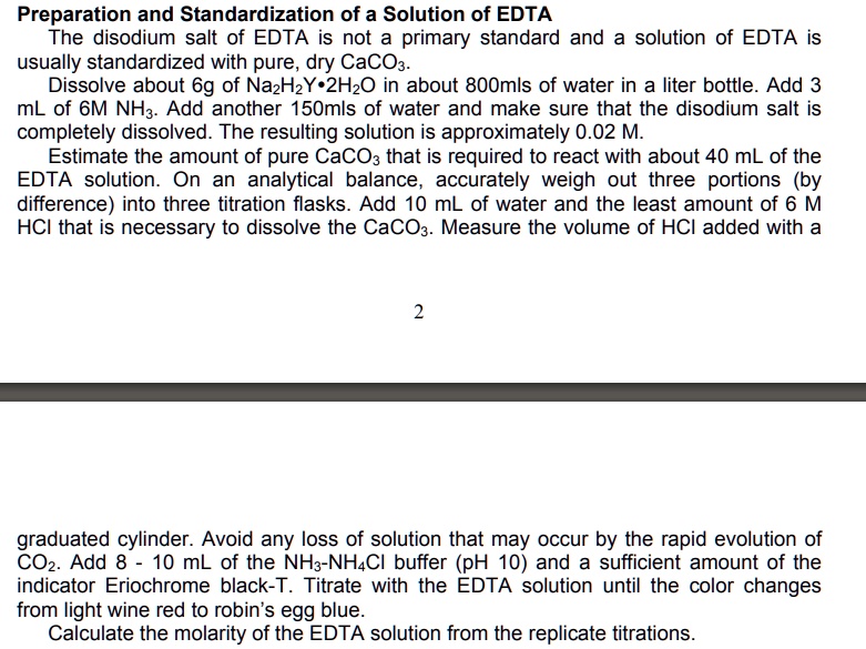 SOLVED Preparation and Standardization of a Solution of EDTA The