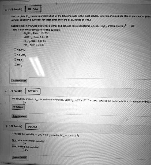 SOLVED Texts 2. [11 Points] DETAILS Use the given Ksp values to