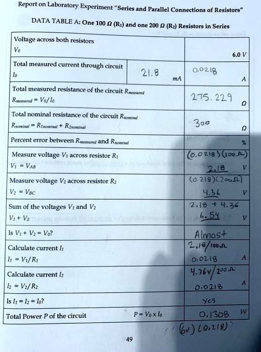 SOLVED Report on Laboratory Experiment Series = and Parallel