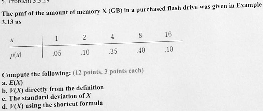 Solved D Rrobicmn In Purchased Flash Drive Was Given In Example The Pmf Of The Amount Of Memory X Gb 3 13as 16 05 10 35 40 10 Compute The Following 12 Points 3 Solved D Rrobicmn In Purchased Flash Drive Was Given In Example The Pmf Of The Amount Of Memory X Gb 3 13as 16 05 10 35 40 10 Compute The Following 12 Points 3
