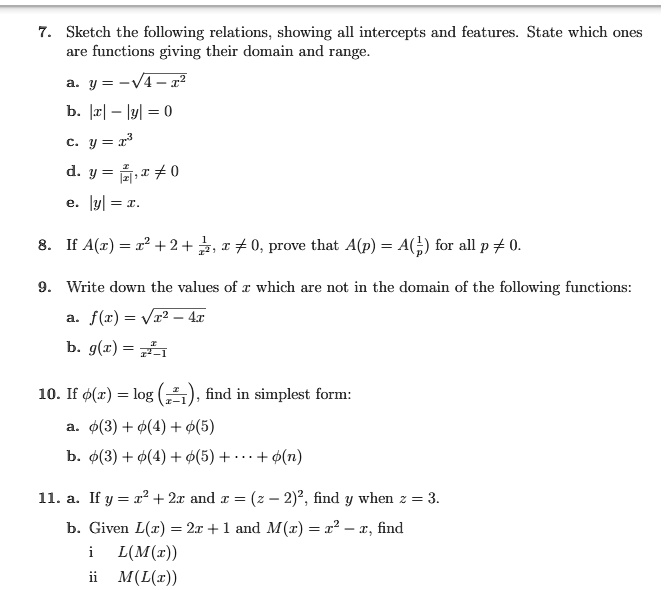 Solved Sketch The Following Relations Showing All Intercepts And Features State Which Ones Are Functions Giving Their Domain And Range Y V4 12 Izl Iyl 0 V R D Y 01 0 Lyl