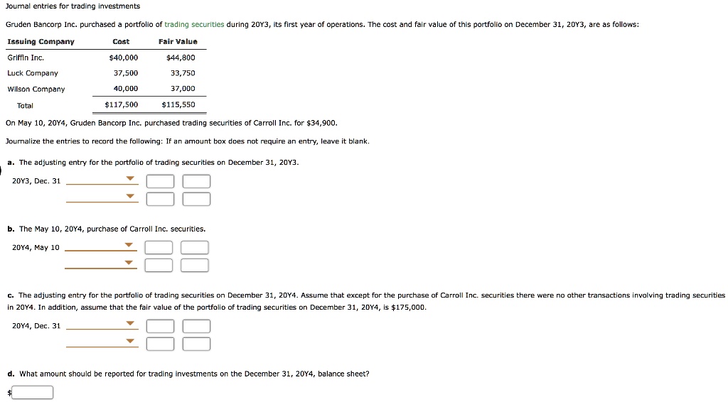 SOLVED: Journal entries for trading investments Gruden Bancorp Inc ...