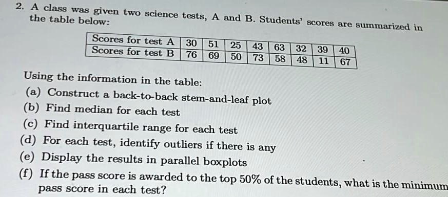 2. A class was given two science tests, A and B. Students' scores are summarized in the table below:
Scores for test A 30 51 25 43 63 32 39 40
Scores for test B 76 69 50 73 58 48 11 67
Using the information in the table:
(a) Construct a back-to-back stem-and-leaf plot
(b) Find median for each test
(c) Find interquartile range for each test
(d) For each test, identify outliers if there is any
(e) Display the results in parallel boxplots
(f) If the pass score is awarded to the top 50% of the students, what is the minimum pass score in each test?