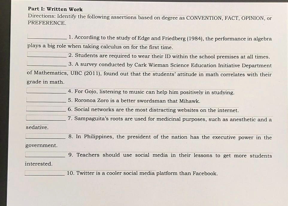 identify the following assertions based on degree as convention ...