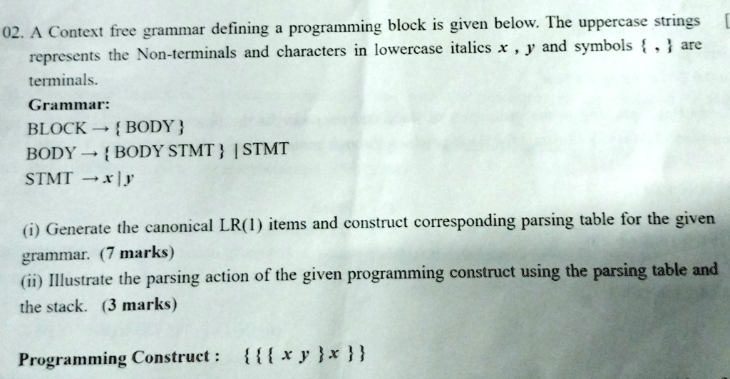 02. A Context free grammar defining a programming block is given below ...