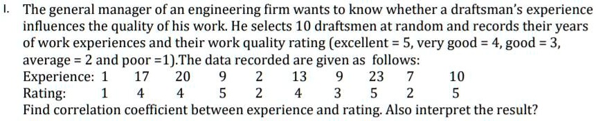 I. The general manager of an engineering firm wants to know whether a draftsman's experience influences the quality of his work. He selects 10 draftsmen at random and records their years of work experiences and their work quality rating (excellent = 5, very good = 4, good = 3, average = 2 and poor = 1).The data recorded are given as follows: Experience: 1 17 20 9 2 13 9 23 7 10 Rating: 1 4 4 5 2 4 3 5 2 5 Find correlation coefficient between experience and rating. Also interpret the result?