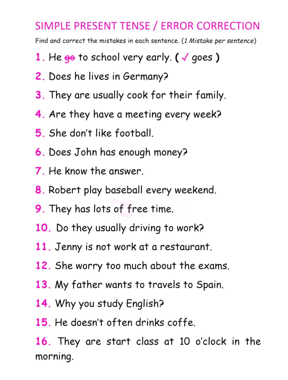 Simple Present Worksheet Correction SIMPLE PRESENT TENSE / ERROR CORRECTION Find and correct the...