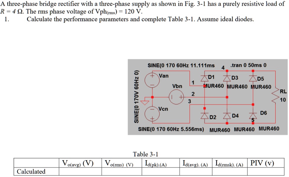 A three-phase bridge rectifier with a three-phase supply as shown in ...