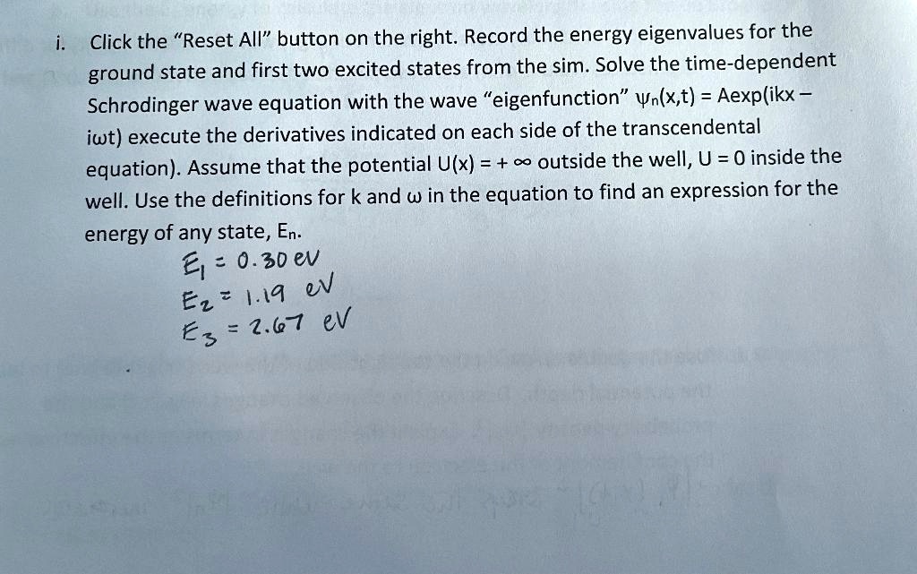 i. Click the R̈eset Allb̈utton on the right. Record the energy ...