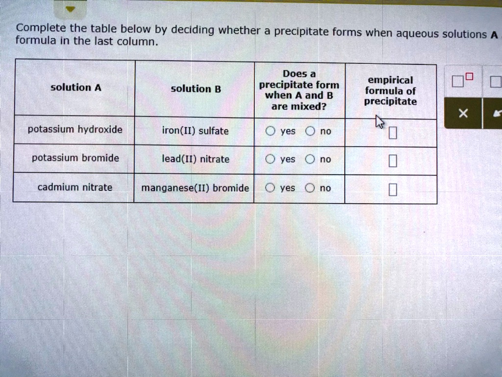 SOLVED Complete the table below by deciding whether a precipitate