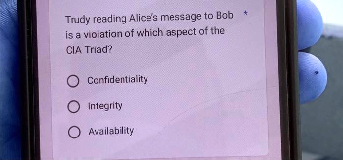 Trudy reading Alice's message to Bob is a violation of which aspect of ...