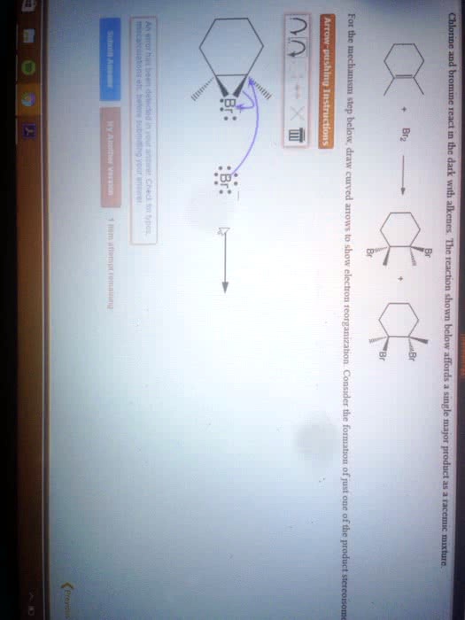 ' Chlorine and bromine react in the dark with alkenes. The reaction