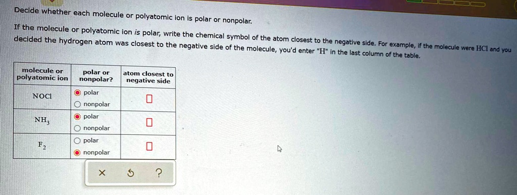 Solved Decide Whether Each Molecule Or Polyatomic Ion Is Polar Or Nonpolar If The Molecule Or 5043