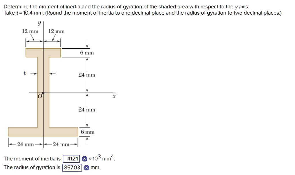 Determine the moment of inertia and the radius of gyration of the shaded area with respect to the y axis. Take t = 10.4 mm. (Round the moment of inertia to one decimal place and the radius of gyration to two decimal places.)
y
12 mm 12 mm
6 mm
t
24 mm
x
24 mm
6 mm
24 mm 24 mm
The moment of inertia is 412.1 x 10^3 mm^4.
The radius of gyration is 857.03 mm.