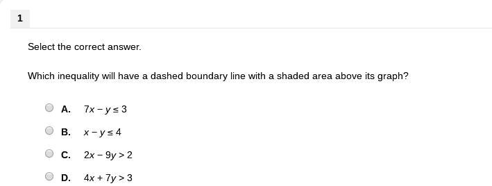 Solved Select The Correct Answer Which Inequality Will Have A Dashed Boundary Line With A Shaded Area Above Its Graph A 7x Aˆ Y A 3 B X Aˆ Y A 4 C