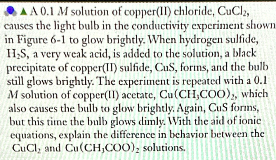 SOLVED A 0.1M solution of copper(II) chloride, CuCl2, causes the light