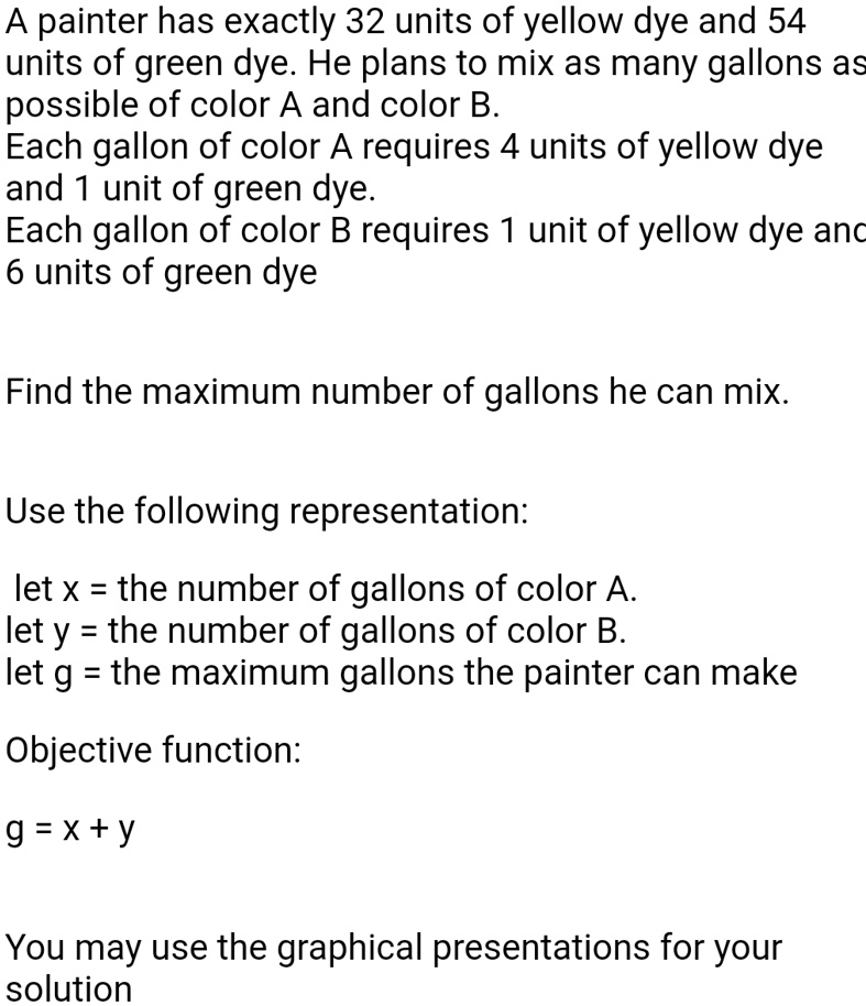 SOLVED A painter has exactly 32 units of yellow dye and 54 units of