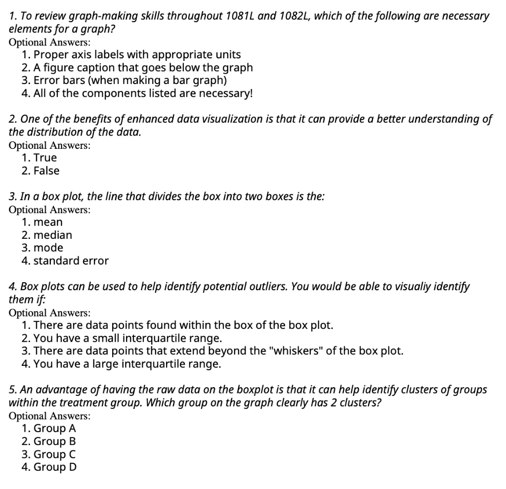1. To review graph-making skills throughout 1081L and 1082L, which of the following are necessary elements for a graph?
Optional Answers:
1. Proper axis labels with appropriate units
2. A figure caption that goes below the graph
3. Error bars (when making a bar graph)
4. All of the components listed are necessary!

2. One of the benefits of enhanced data visualization is that it can provide a better understanding of the distribution of the data.
Optional Answers:
1. True
2. False

3. In a box plot, the line that divides the box into two boxes is the:
Optional Answers:
1. mean
2. median
3. mode
4. standard error

4. Box plots can be used to help identify potential outliers. You would be able to visually identify them if:
Optional Answers:
1. There are data points found within the box of the box plot.
2. You have a small interquartile range.
3. There are data points that extend beyond the "whiskers" of the box plot.
4. You have a large interquartile range.

5. An advantage of having the raw data on the boxplot is that it can help identify clusters of groups within the treatment group. Which group on the graph clearly has 2 clusters?
Optional Answers:
1. Group A
2. Group B
3. Group C
4. Group D