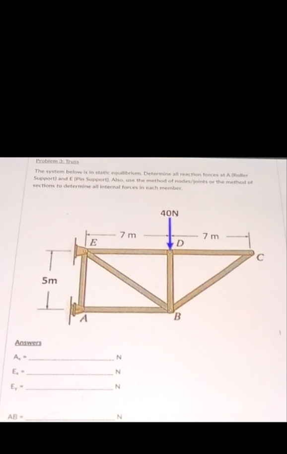 problem 3 truss the system below is in static equilibrium determine all reaction forces at a roller support and e pin support also use the method of nodesjoints or the method of sections to  70642