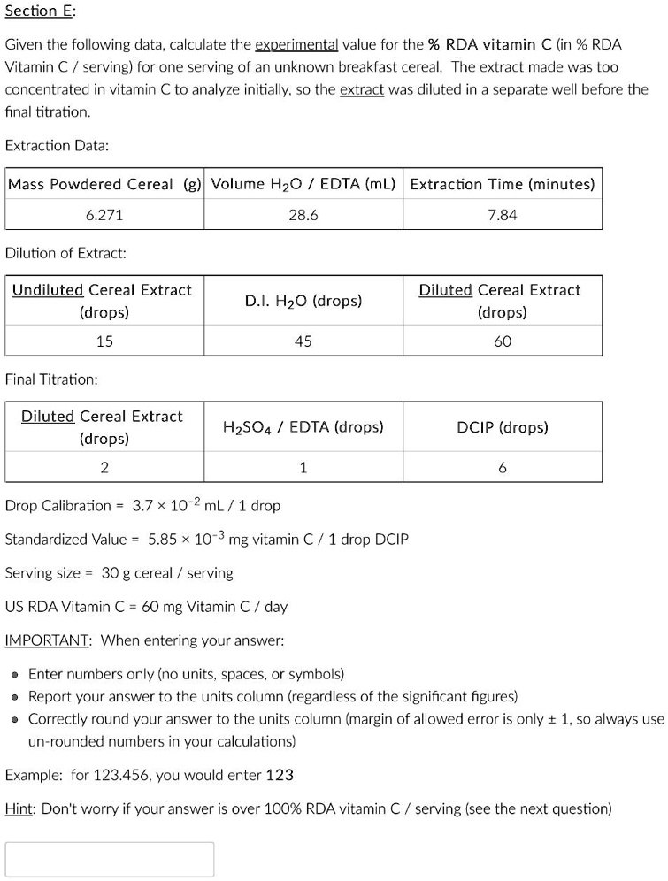 SOLVED Section E Given the following data, calculate the experimental